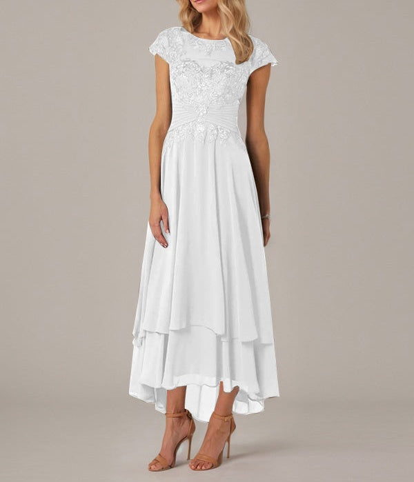 A-line Boat Neck Illusion Asymmetrical Chiffon Lace Mother of the Bride Dress With Applique Pleats