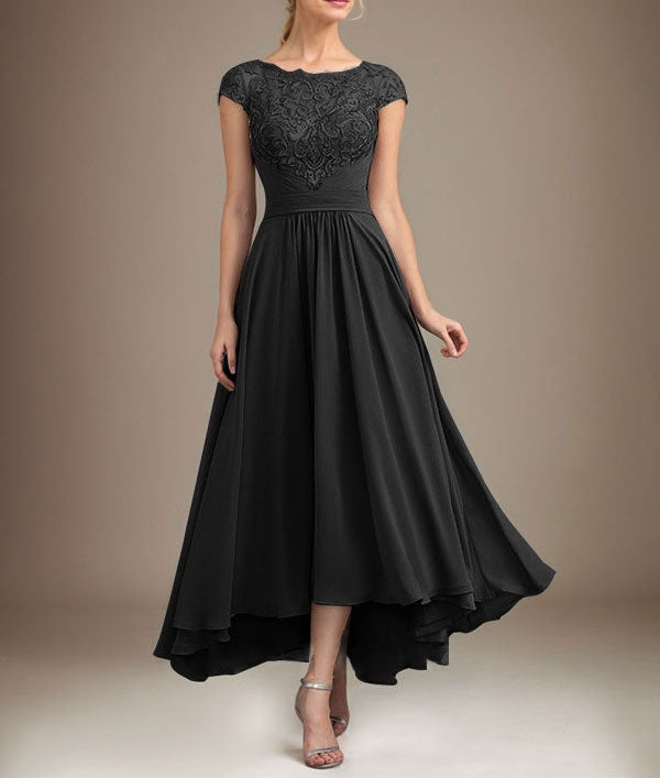 A-line Scoop Illusion Asymmetrical Lace Chiffon Mother of the Bride Dress With Pleated