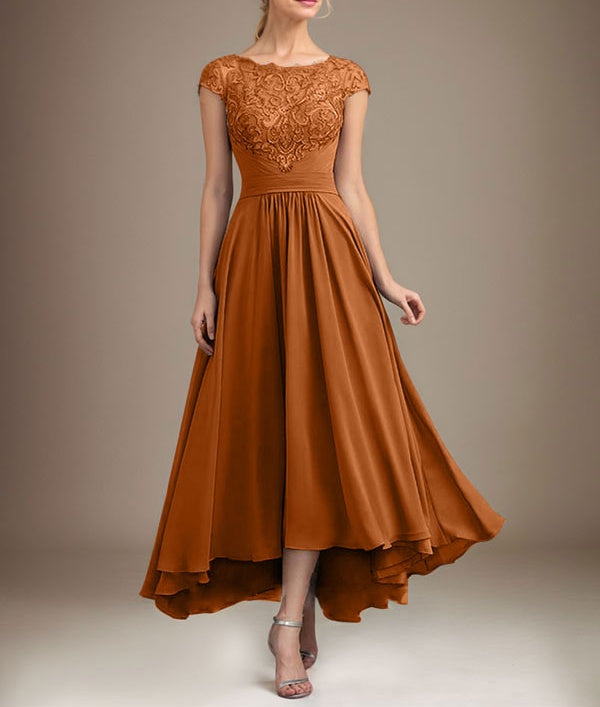 A-line Scoop Illusion Asymmetrical Lace Chiffon Mother of the Bride Dress With Pleated
