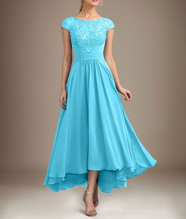 A-line Scoop Illusion Asymmetrical Lace Chiffon Mother of the Bride Dress With Pleated