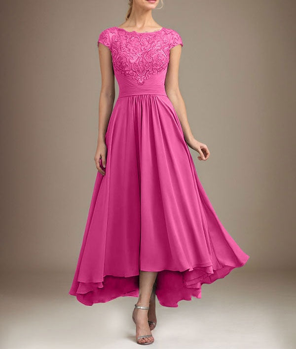 A-line Scoop Illusion Asymmetrical Lace Chiffon Mother of the Bride Dress With Pleated