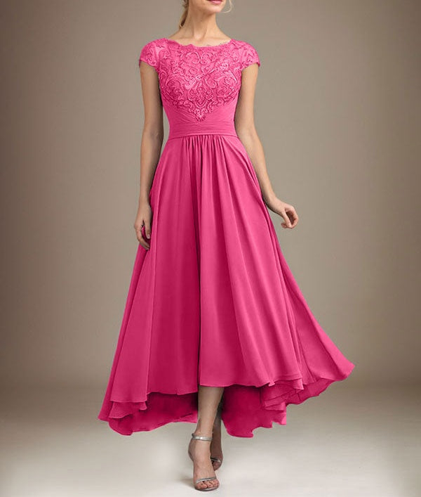 A-line Scoop Illusion Asymmetrical Lace Chiffon Mother of the Bride Dress With Pleated