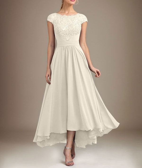 A-line Scoop Illusion Asymmetrical Lace Chiffon Mother of the Bride Dress With Pleated