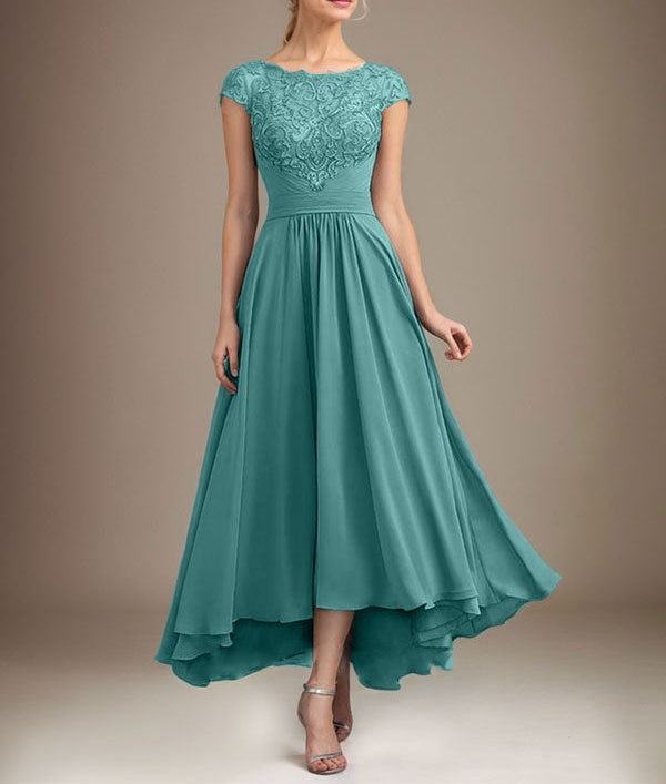 A-line Scoop Illusion Asymmetrical Lace Chiffon Mother of the Bride Dress With Pleated