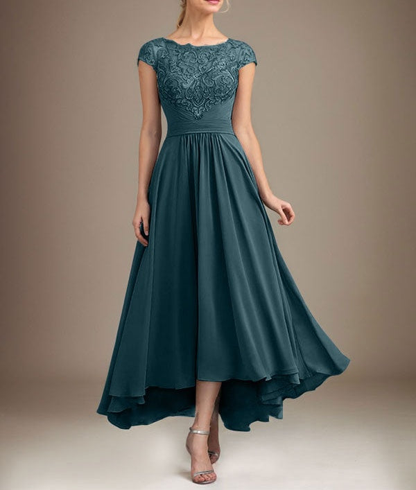 A-line Scoop Illusion Asymmetrical Lace Chiffon Mother of the Bride Dress With Pleated