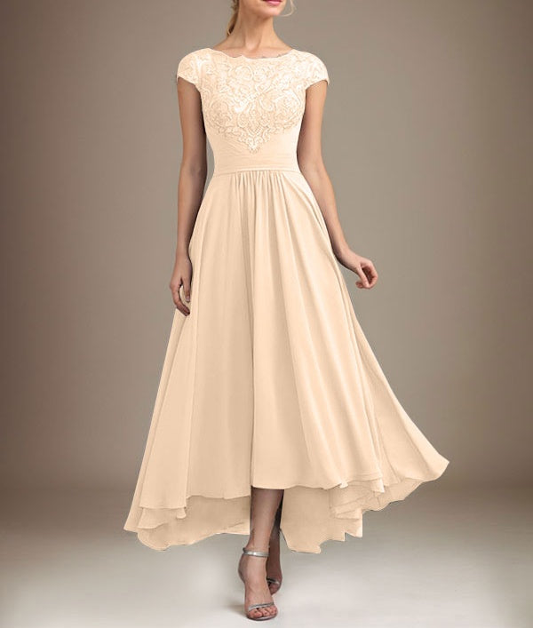 A-line Scoop Illusion Asymmetrical Lace Chiffon Mother of the Bride Dress With Pleated