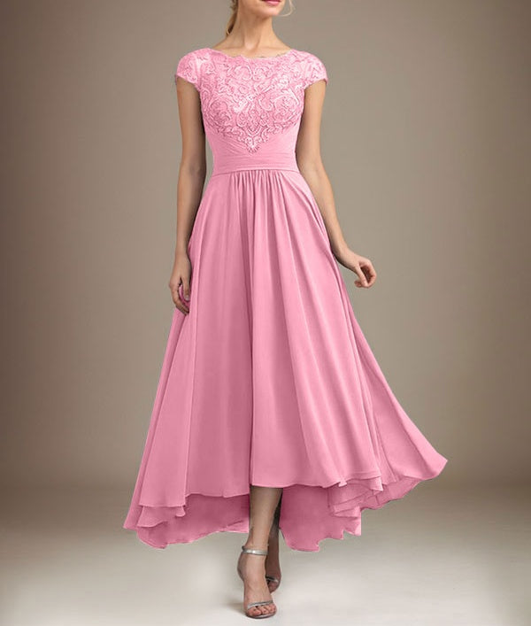 A-line Scoop Illusion Asymmetrical Lace Chiffon Mother of the Bride Dress With Pleated