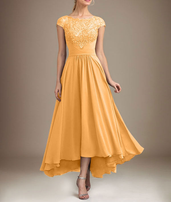 A-line Scoop Illusion Asymmetrical Lace Chiffon Mother of the Bride Dress With Pleated
