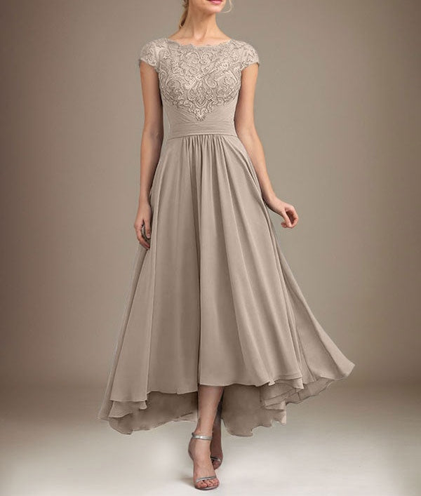 A-line Scoop Illusion Asymmetrical Lace Chiffon Mother of the Bride Dress With Pleated
