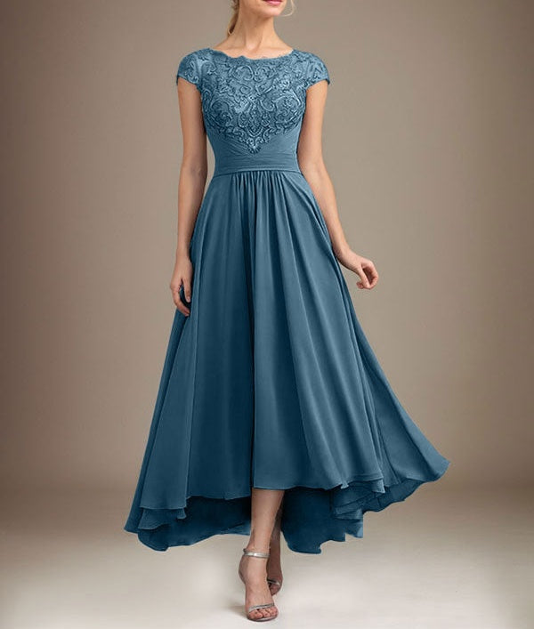 A-line Scoop Illusion Asymmetrical Lace Chiffon Mother of the Bride Dress With Pleated