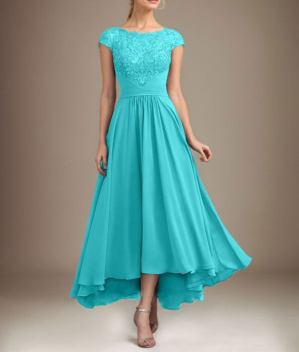 A-line Scoop Illusion Asymmetrical Lace Chiffon Mother of the Bride Dress With Pleated
