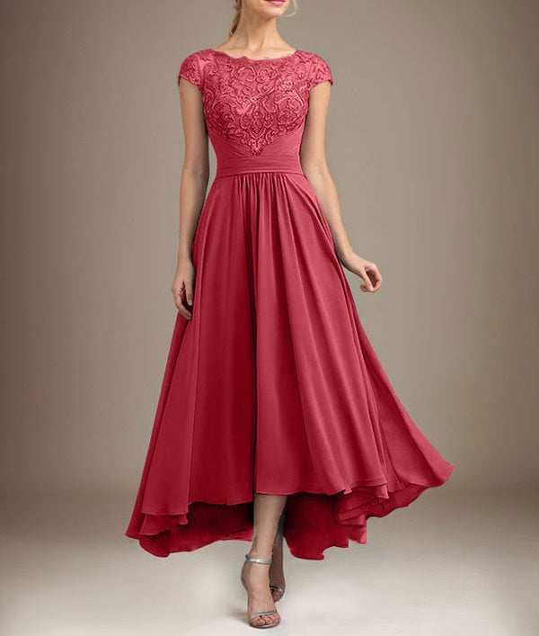 A-line Scoop Illusion Asymmetrical Lace Chiffon Mother of the Bride Dress With Pleated