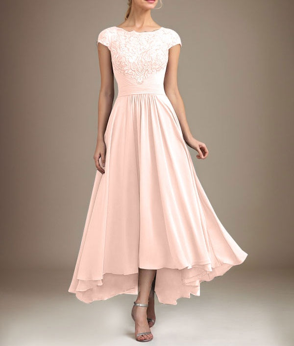 A-line Scoop Illusion Asymmetrical Lace Chiffon Mother of the Bride Dress With Pleated