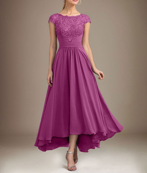 A-line Scoop Illusion Asymmetrical Lace Chiffon Mother of the Bride Dress With Pleated