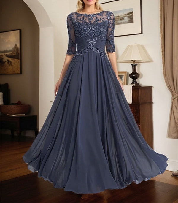 A-line Scoop Illusion Floor-Length Chiffon Lace Mother of the Bride Dress With Pleated Sequins