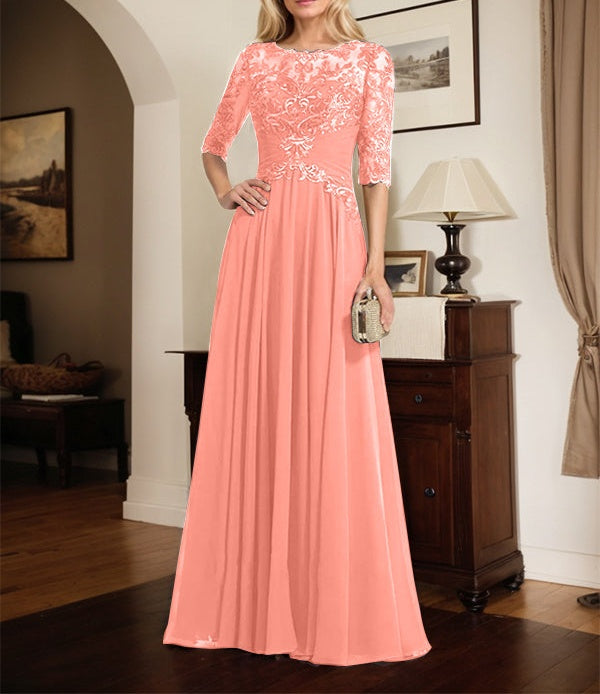 A-line Scoop Illusion Floor-Length Chiffon Lace Mother of the Bride Dress With Pleated Sequins