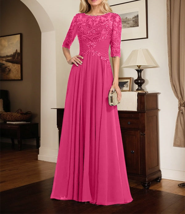 A-line Scoop Illusion Floor-Length Chiffon Lace Mother of the Bride Dress With Pleated Sequins