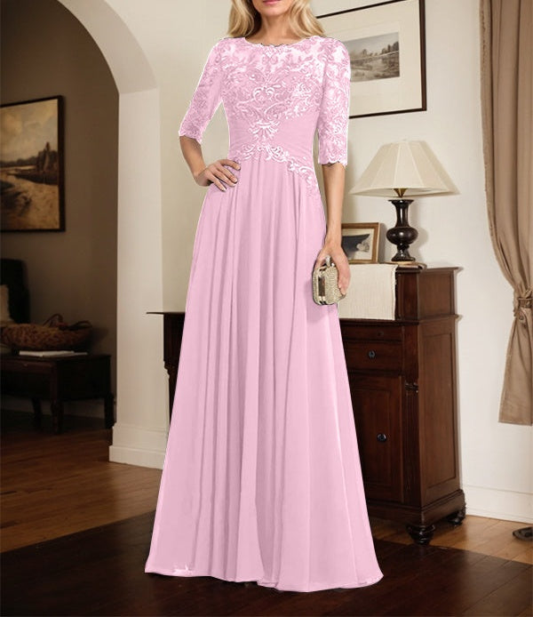 A-line Scoop Illusion Floor-Length Chiffon Lace Mother of the Bride Dress With Pleated Sequins