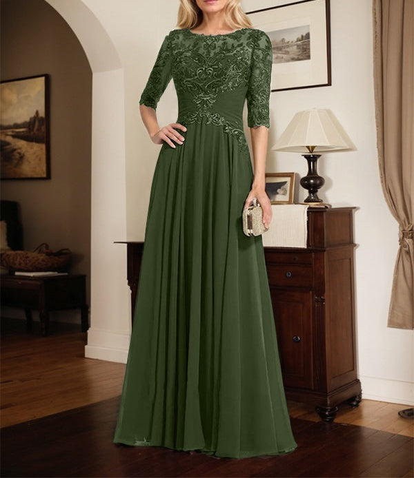 A-line Scoop Illusion Floor-Length Chiffon Lace Mother of the Bride Dress With Pleated Sequins