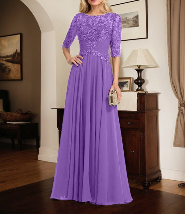 A-line Scoop Illusion Floor-Length Chiffon Lace Mother of the Bride Dress With Pleated Sequins