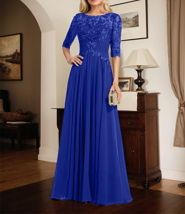 A-line Scoop Illusion Floor-Length Chiffon Lace Mother of the Bride Dress With Pleated Sequins