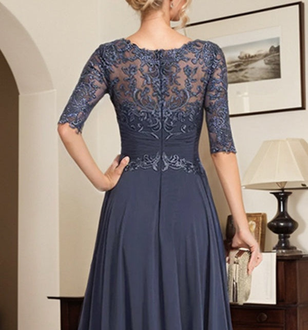 A-line Scoop Illusion Floor-Length Chiffon Lace Mother of the Bride Dress With Pleated Sequins