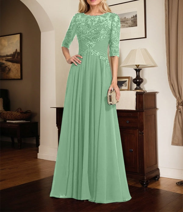 A-line Scoop Illusion Floor-Length Chiffon Lace Mother of the Bride Dress With Pleated Sequins