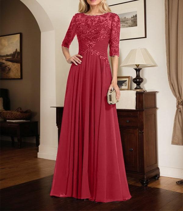 A-line Scoop Illusion Floor-Length Chiffon Lace Mother of the Bride Dress With Pleated Sequins