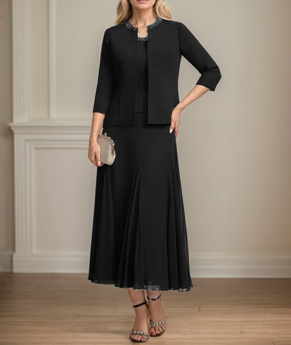 Separates A-line Scoop Tea-Length Chiffon Mother of the Bride Dress With Sequins Beading