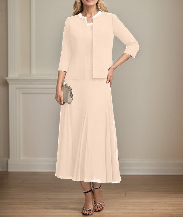 Separates A-line Scoop Tea-Length Chiffon Mother of the Bride Dress With Sequins Beading