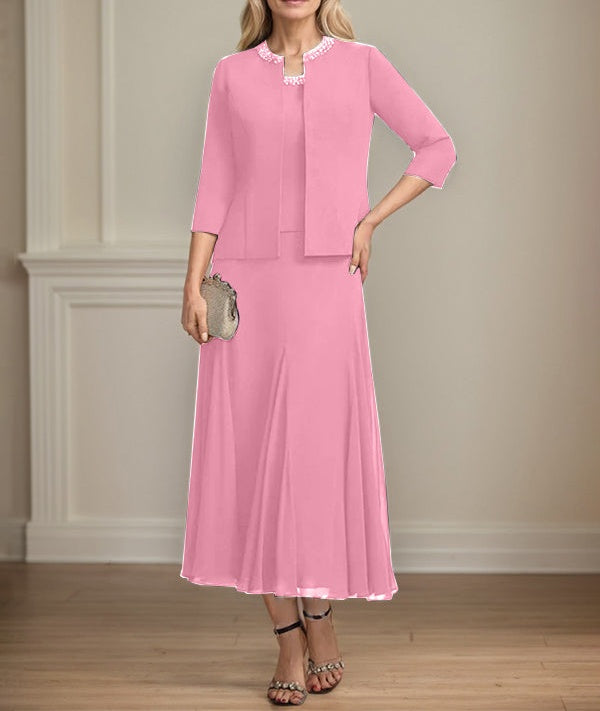 Separates A-line Scoop Tea-Length Chiffon Mother of the Bride Dress With Sequins Beading