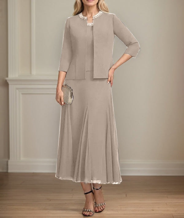 Separates A-line Scoop Tea-Length Chiffon Mother of the Bride Dress With Sequins Beading