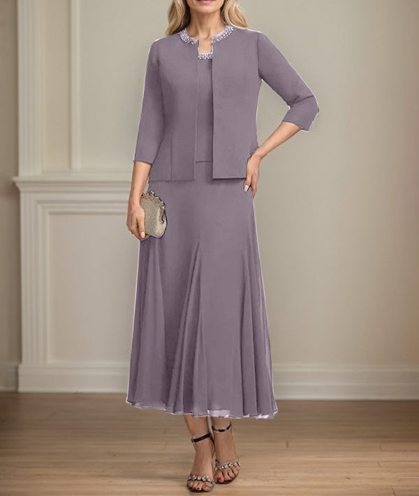 Separates A-line Scoop Tea-Length Chiffon Mother of the Bride Dress With Sequins Beading
