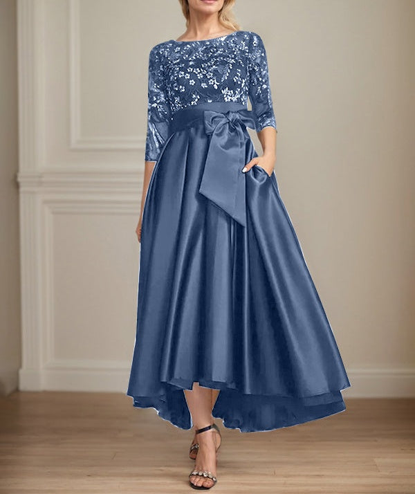 A-line Scoop Illusion Asymmetrical Satin Lace Mother of the Bride Dress With Bow