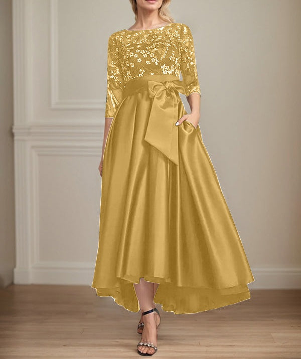 A-line Scoop Illusion Asymmetrical Satin Lace Mother of the Bride Dress With Bow