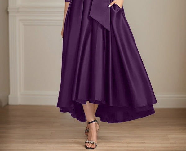 A-line Scoop Illusion Asymmetrical Satin Lace Mother of the Bride Dress With Bow