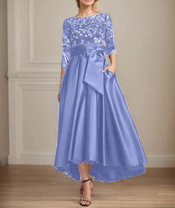 A-line Scoop Illusion Asymmetrical Satin Lace Mother of the Bride Dress With Bow