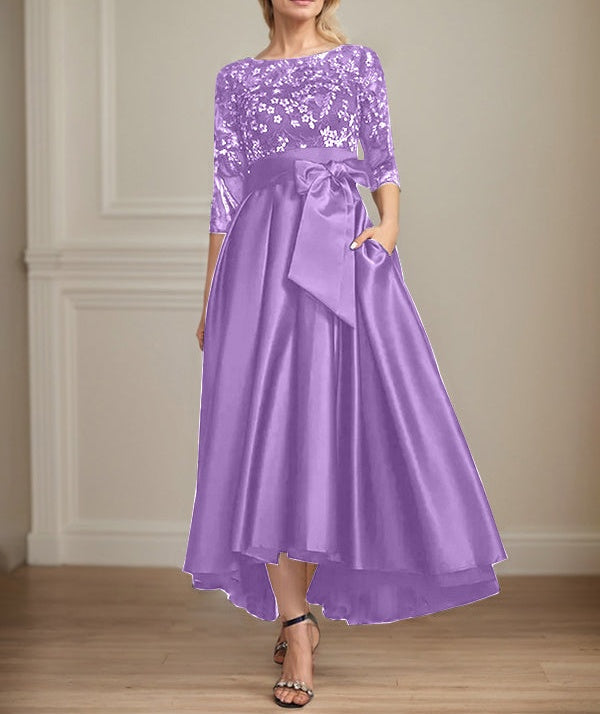 A-line Scoop Illusion Asymmetrical Satin Lace Mother of the Bride Dress With Bow