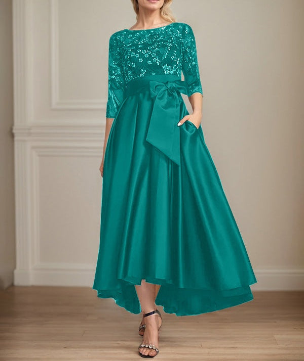 A-line Scoop Illusion Asymmetrical Satin Lace Mother of the Bride Dress With Bow