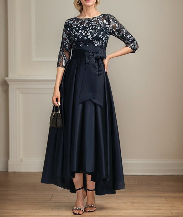 A-line Scoop Illusion Asymmetrical Satin Lace Mother of the Bride Dress With Bow