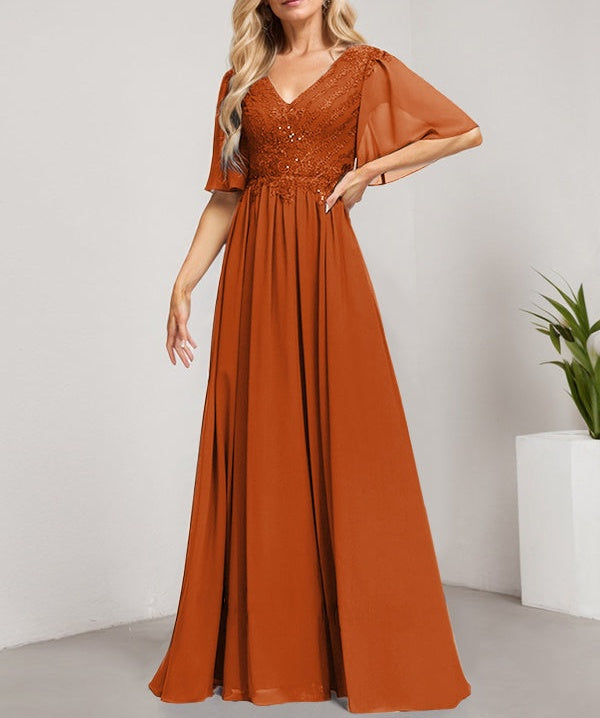 A-line V-Neck Floor-Length Lace Chiffon Mother of the Bride Dress With Sequins