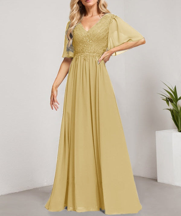 A-line V-Neck Floor-Length Lace Chiffon Mother of the Bride Dress With Sequins