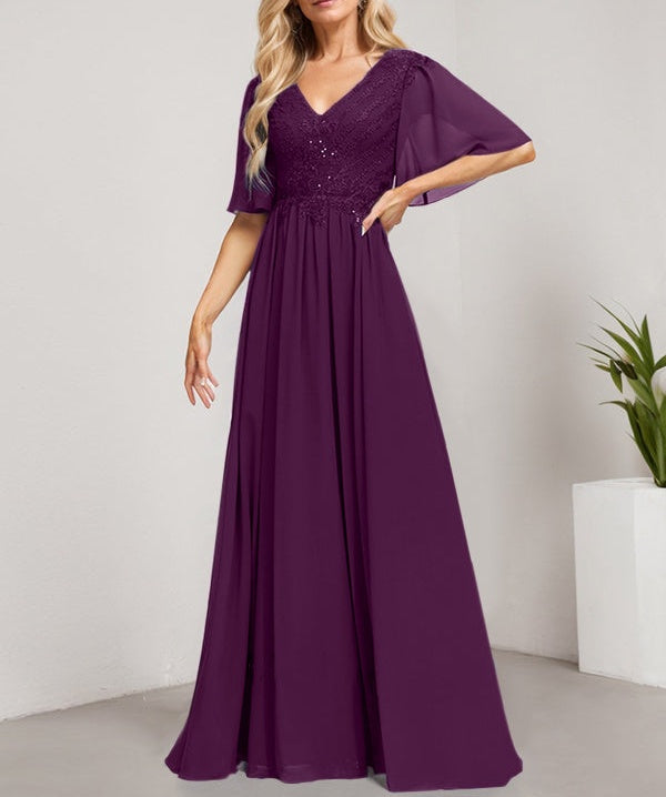 A-line V-Neck Floor-Length Lace Chiffon Mother of the Bride Dress With Sequins