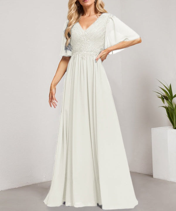 A-line V-Neck Floor-Length Lace Chiffon Mother of the Bride Dress With Sequins