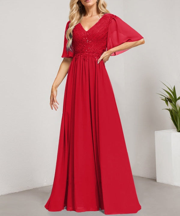 A-line V-Neck Floor-Length Lace Chiffon Mother of the Bride Dress With Sequins