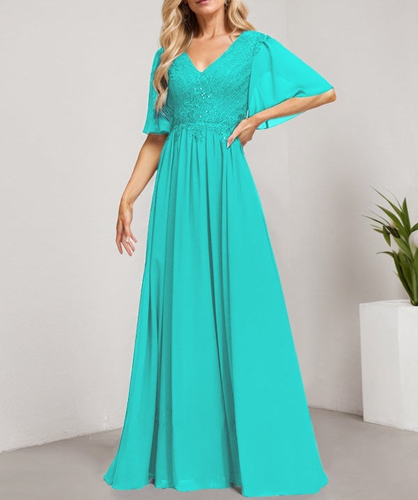 A-line V-Neck Floor-Length Lace Chiffon Mother of the Bride Dress With Sequins