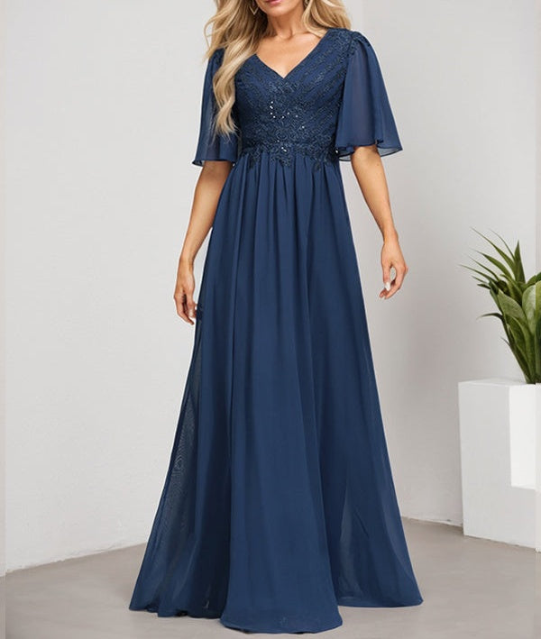 A-line V-Neck Floor-Length Lace Chiffon Mother of the Bride Dress With Sequins