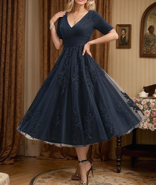 A-line V-Neck Tea-Length Tulle Lace Mother of the Bride Dress With Pleated
