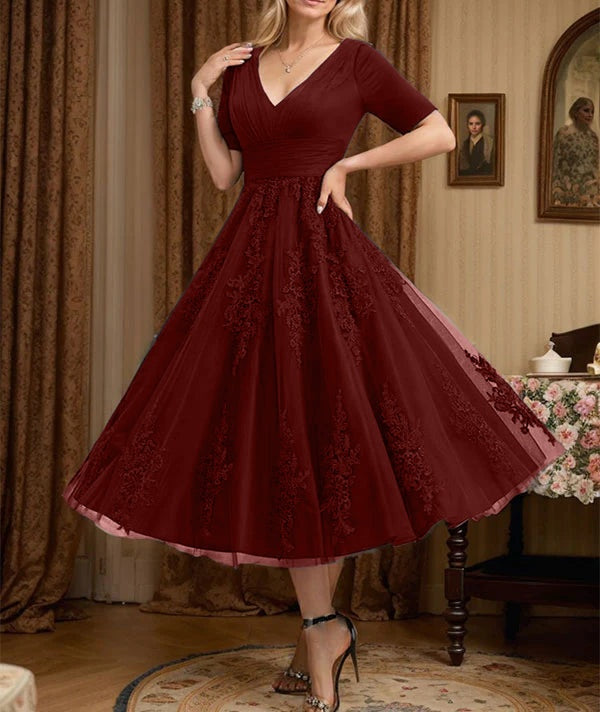 A-line V-Neck Tea-Length Tulle Lace Mother of the Bride Dress With Pleated