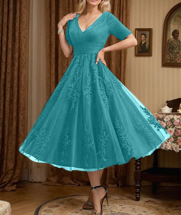 A-line V-Neck Tea-Length Tulle Lace Mother of the Bride Dress With Pleated
